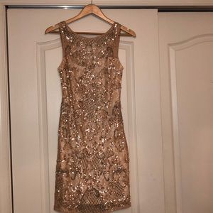 Aidan Mattox tan lace and sequent detailed dress